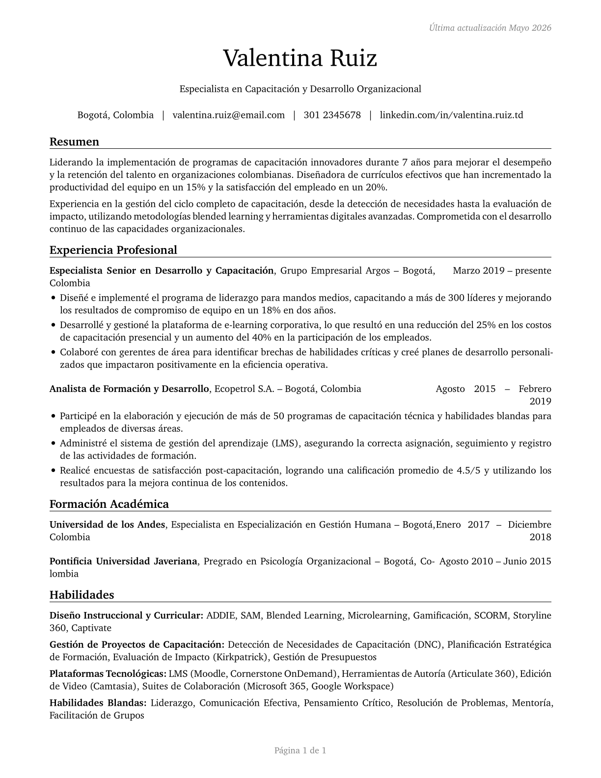 Training and Development Specialists CV in Spanish — page 1