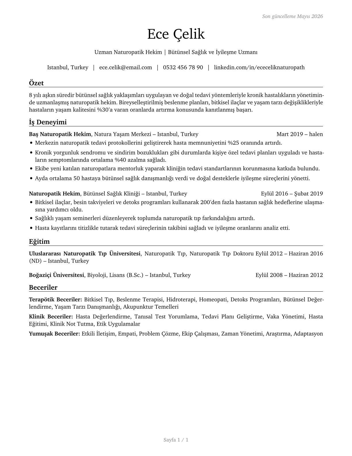 Naturopathic Physicians CV in Turkish — page 1