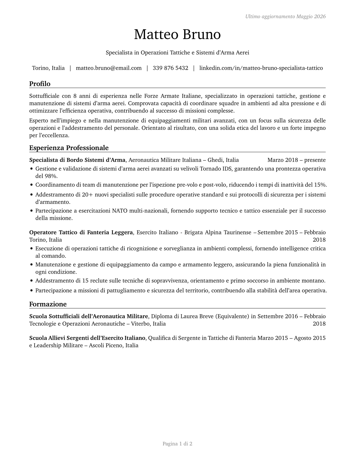 Military Enlisted Tactical Operations and Air/Weapons Specialists and Crew Members, All Other CV in Italian — page 1