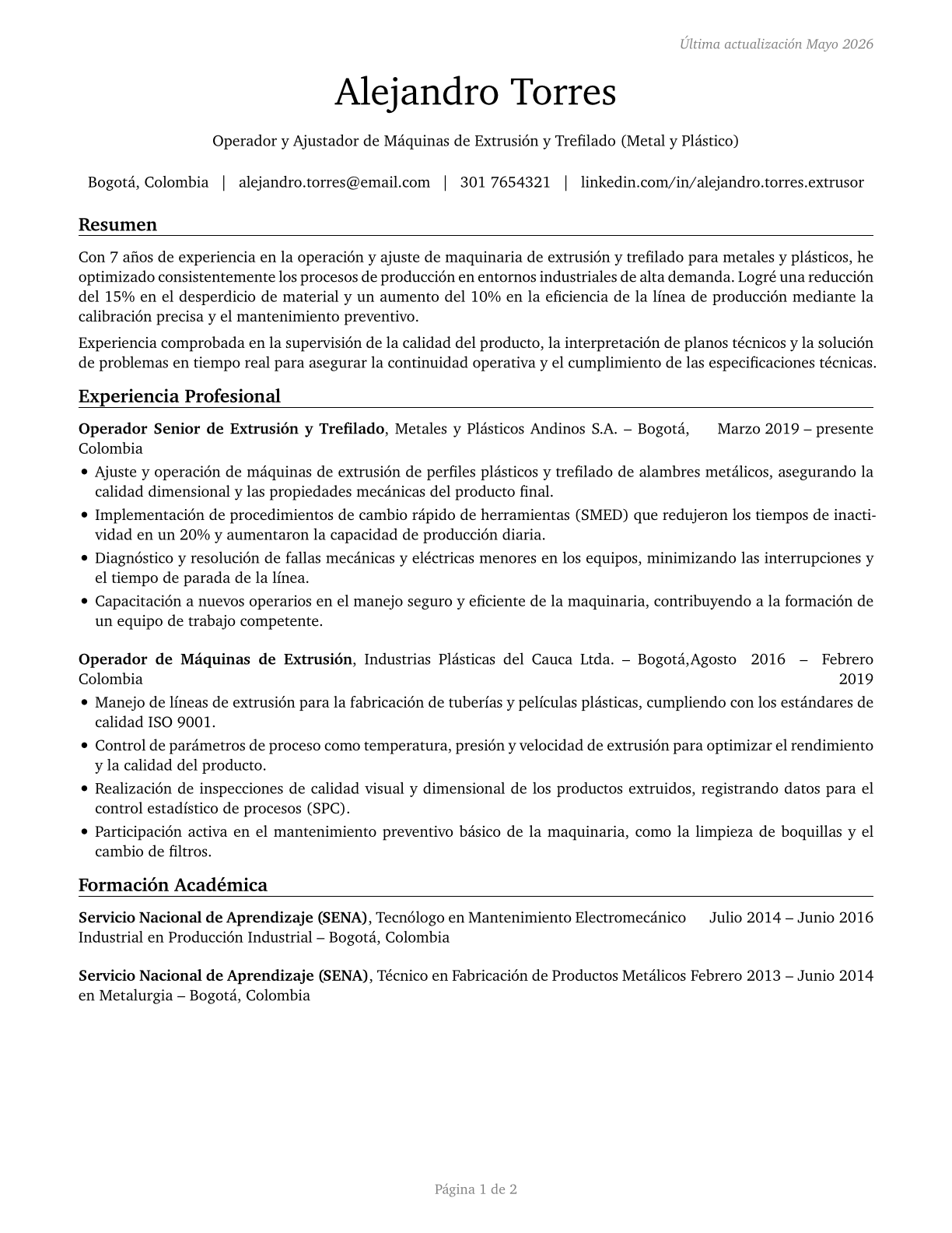 Extruding and Drawing Machine Setters, Operators, and Tenders, Metal and Plastic CV in Spanish — page 1