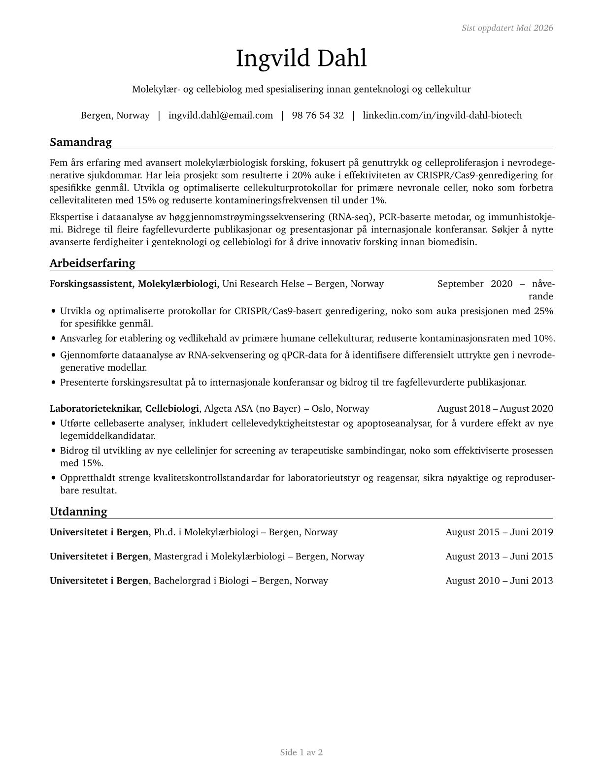 Molecular and Cellular Biologists CV in Norwegian_nynorsk — page 1