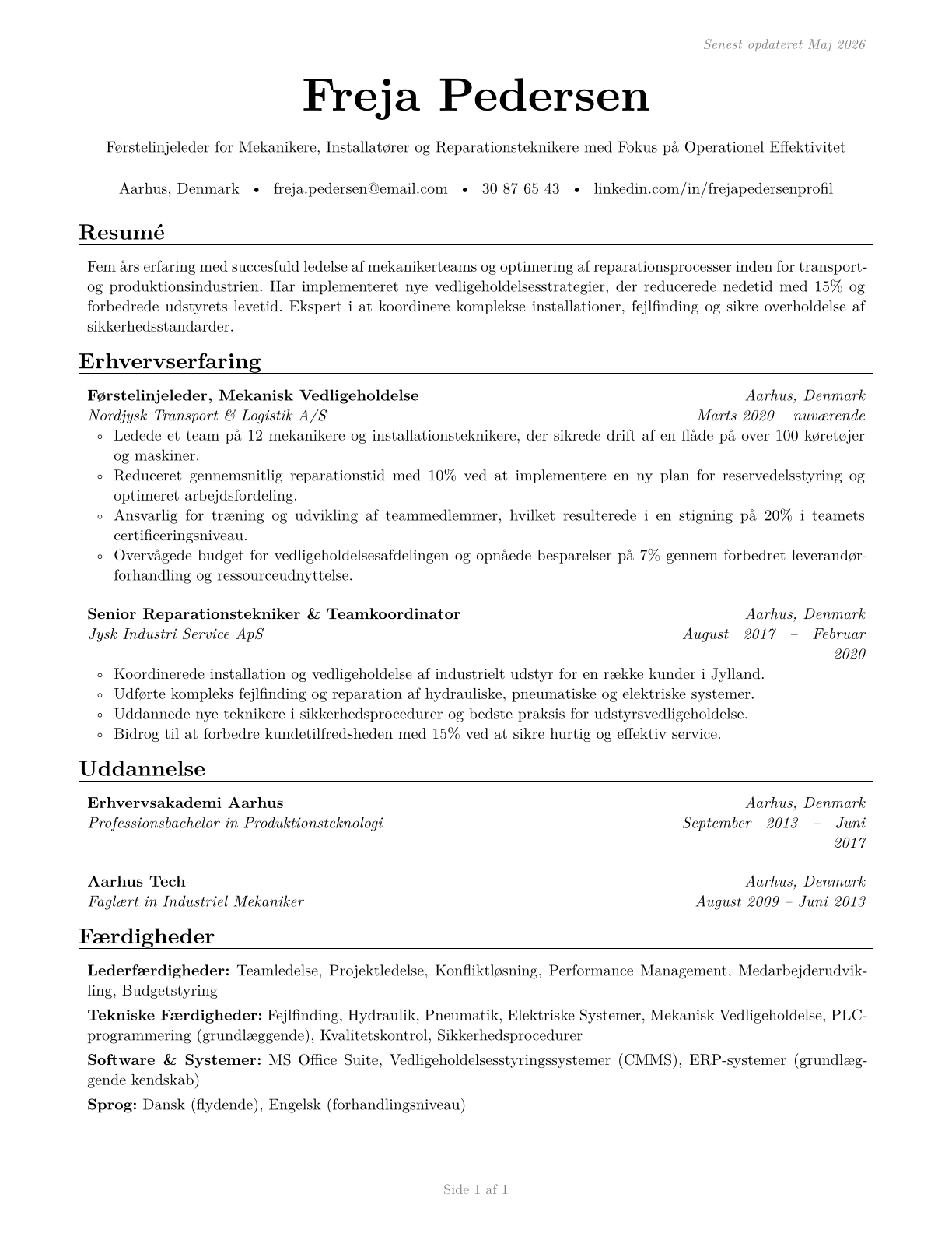 First-Line Supervisors of Mechanics, Installers, and Repairers CV in Danish — page 1