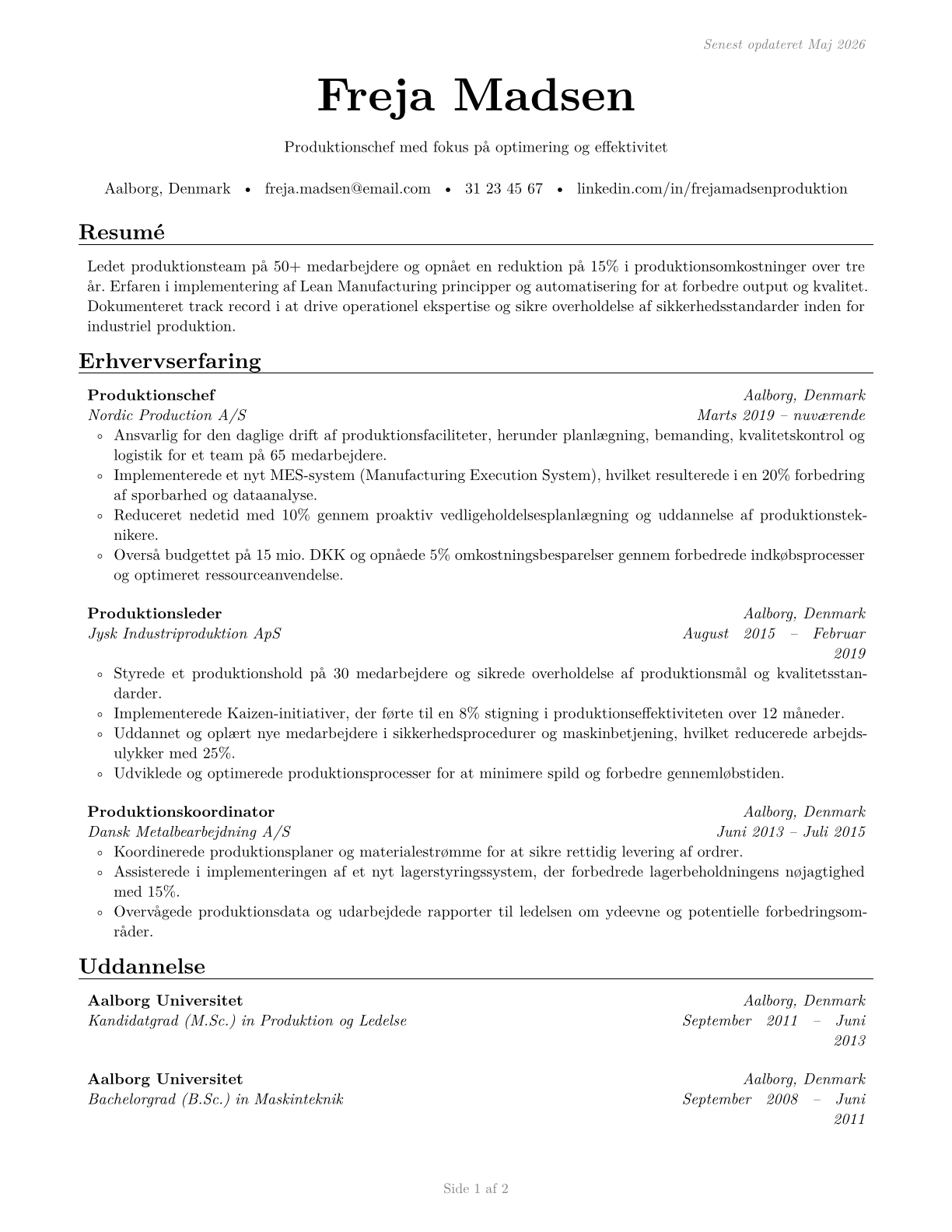 Industrial Production Managers CV in Danish — page 1