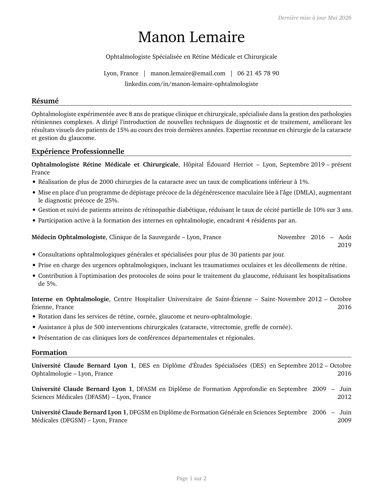 Ophthalmologists, Except Pediatric CV in French — page 1