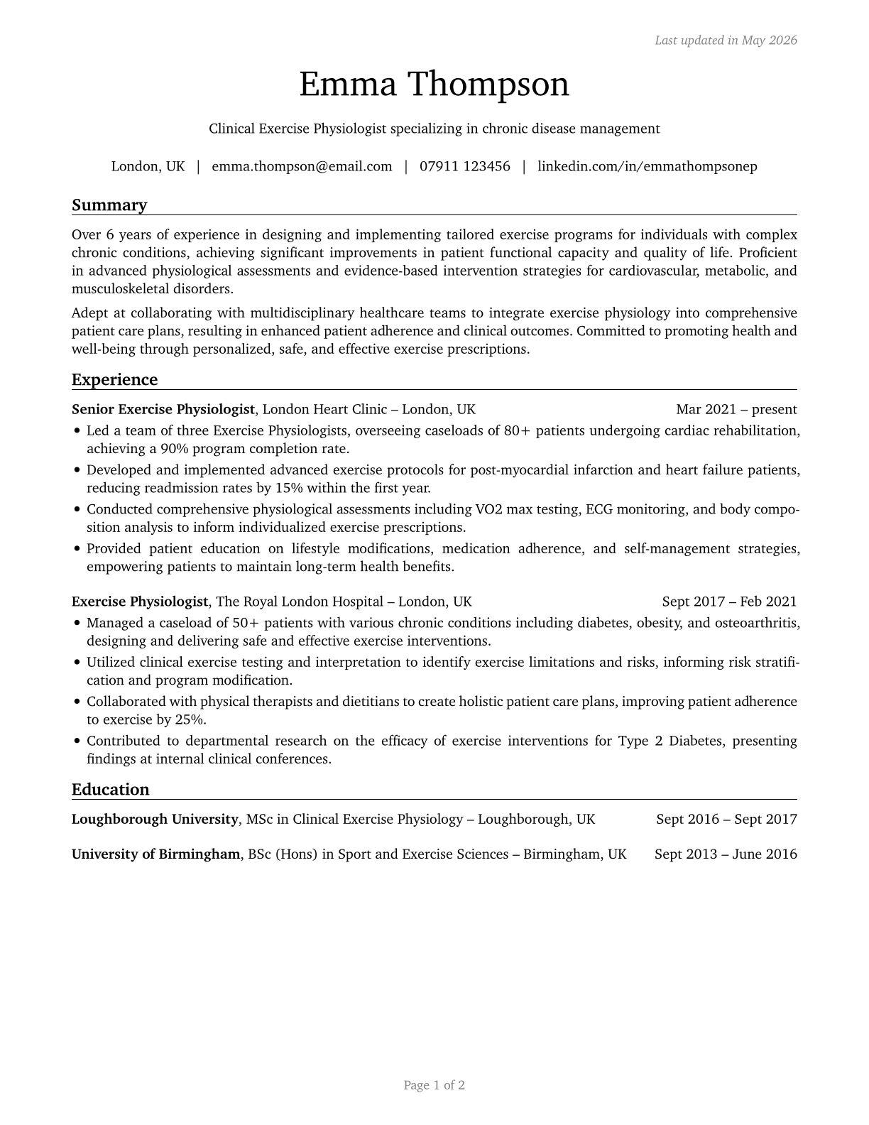Exercise Physiologists CV in English — page 1