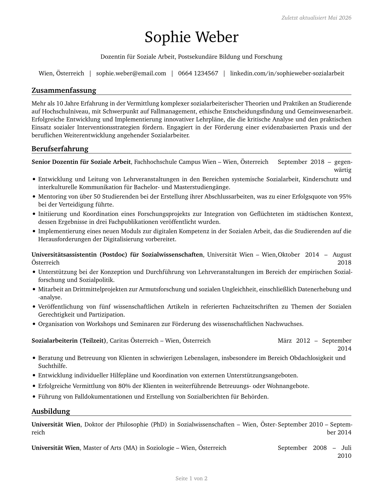 Social Work Teachers, Postsecondary CV in German — page 1