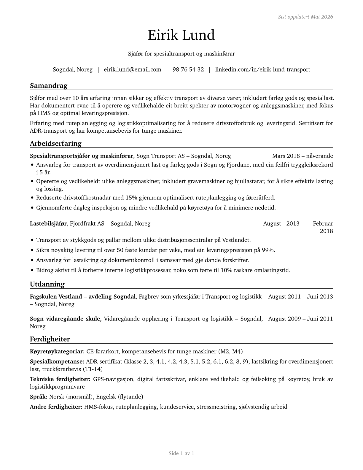 Motor Vehicle Operators, All Other CV in Norwegian_nynorsk — page 1