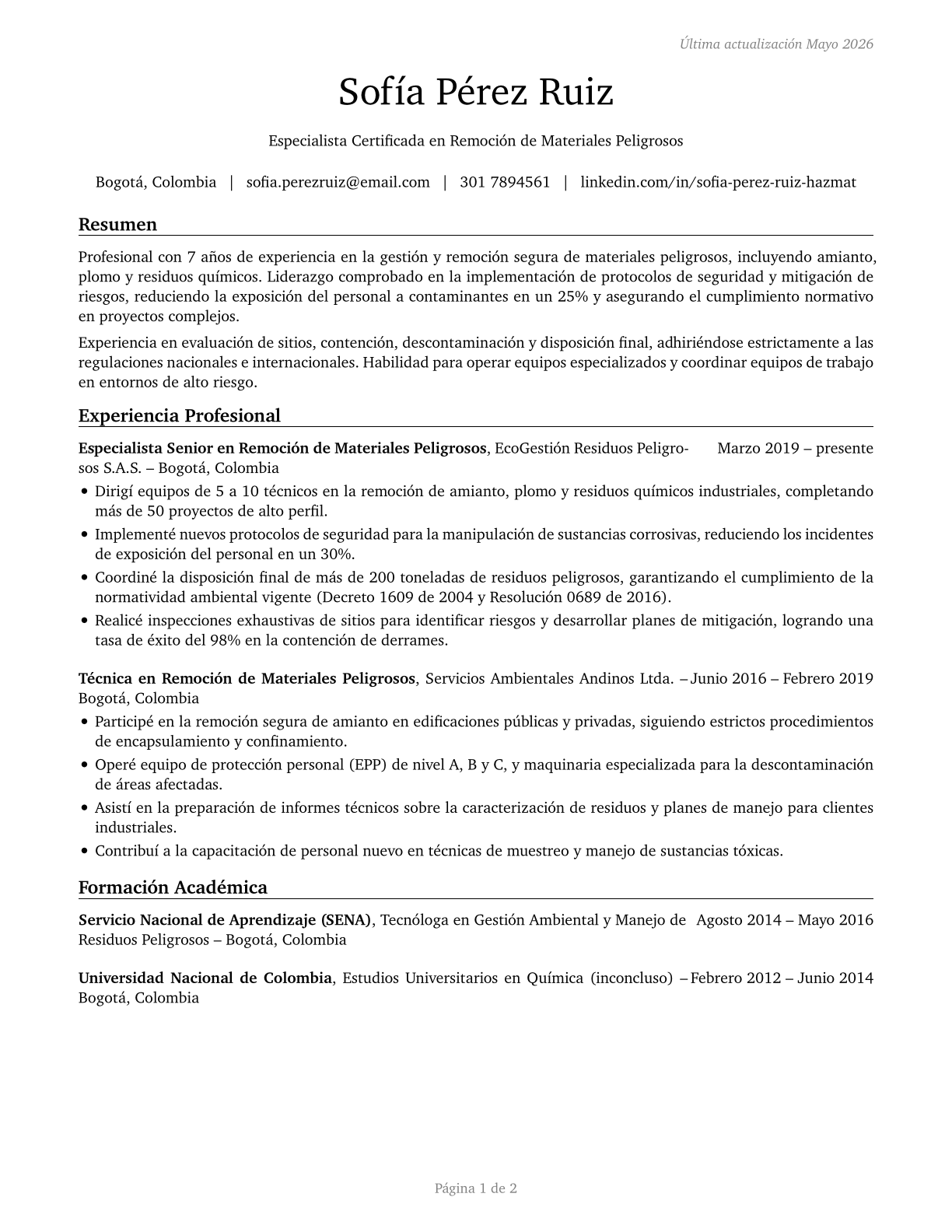 Hazardous Materials Removal Workers CV in Spanish — page 1
