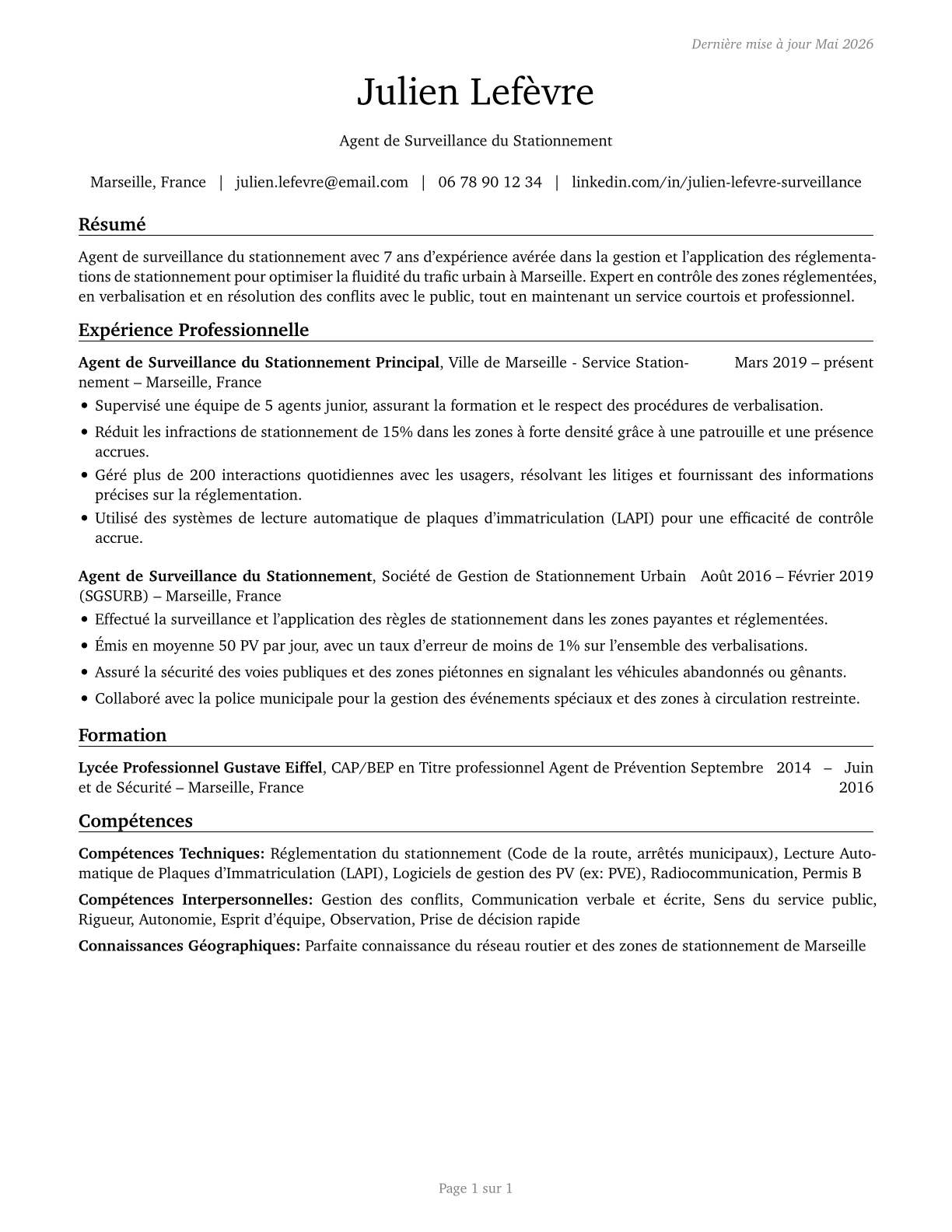 Parking Enforcement Workers CV in French — page 1