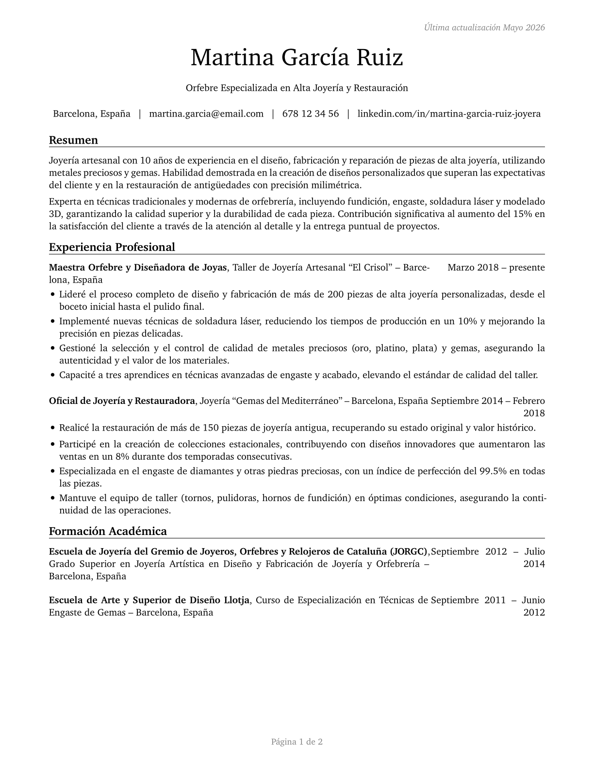 Jewelers and Precious Stone and Metal Workers CV in Spanish — page 1