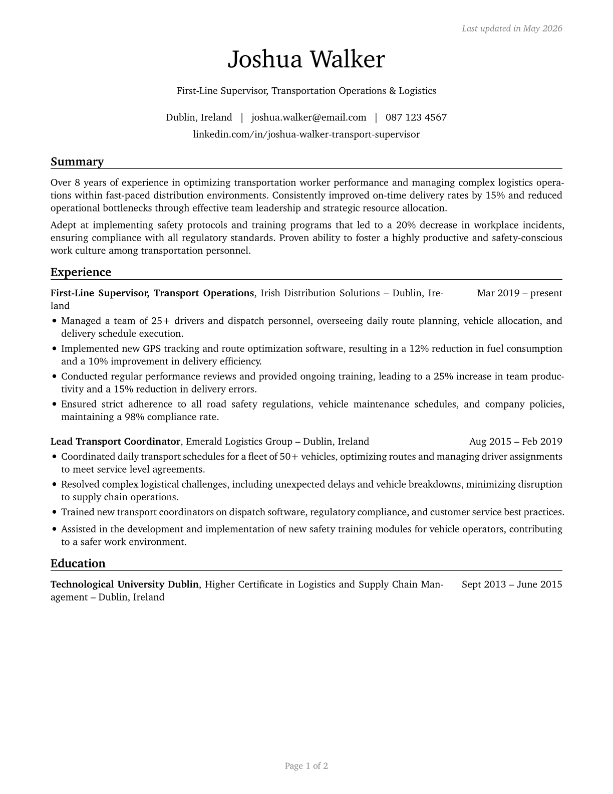 First-Line Supervisors of Transportation Workers, All Other CV in English — page 1