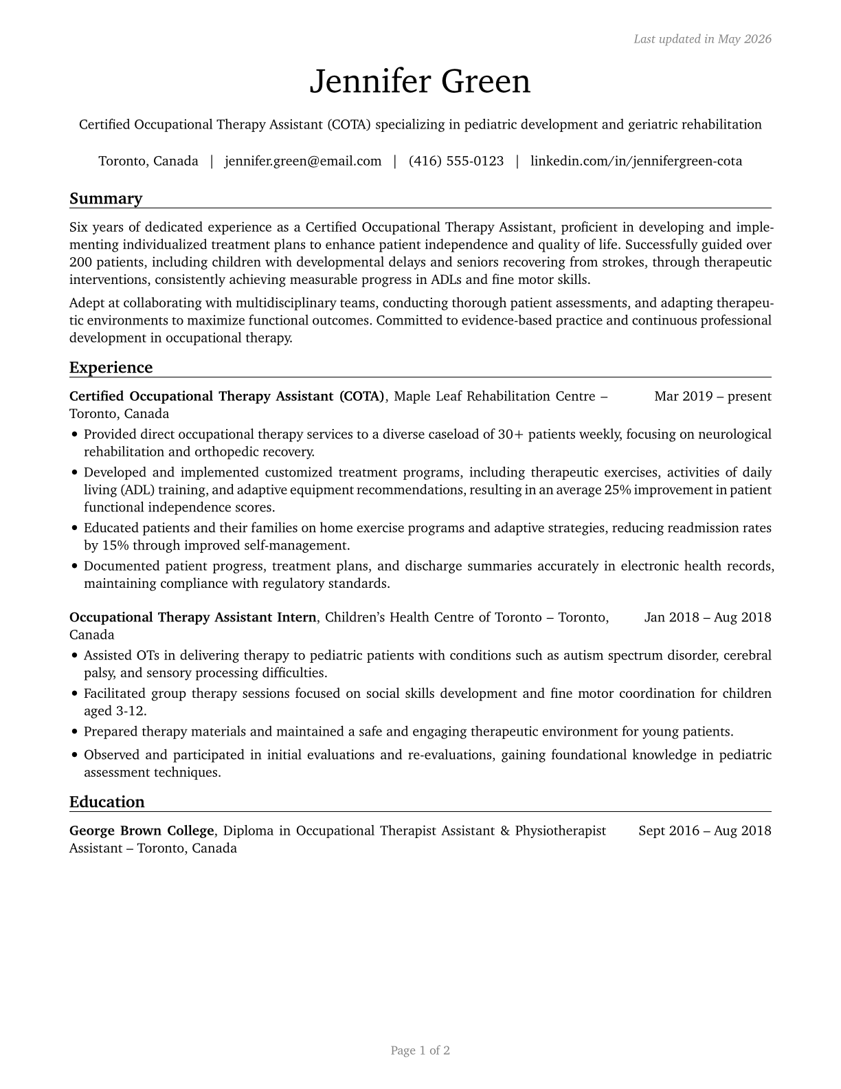 Occupational Therapy Assistants CV in English — page 1