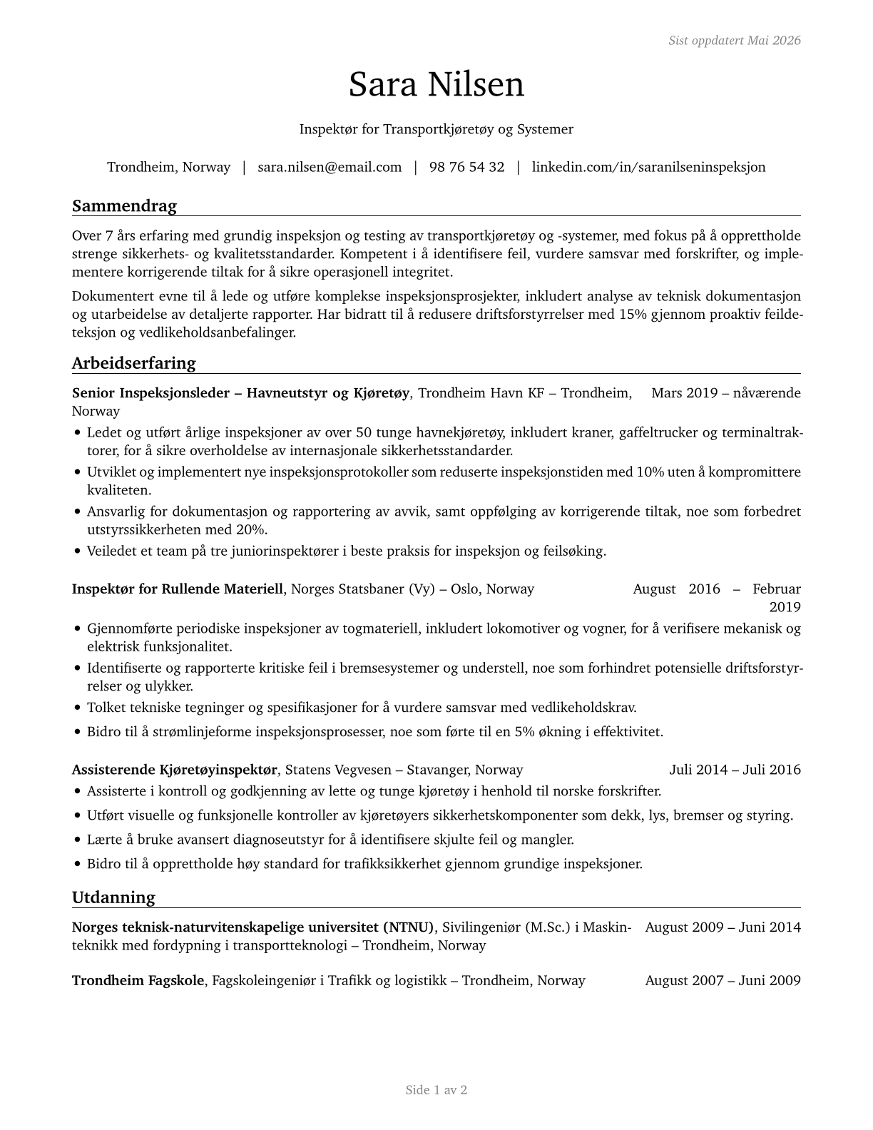 Transportation Vehicle, Equipment and Systems Inspectors, Except Aviation CV in Norwegian_bokmal — page 1