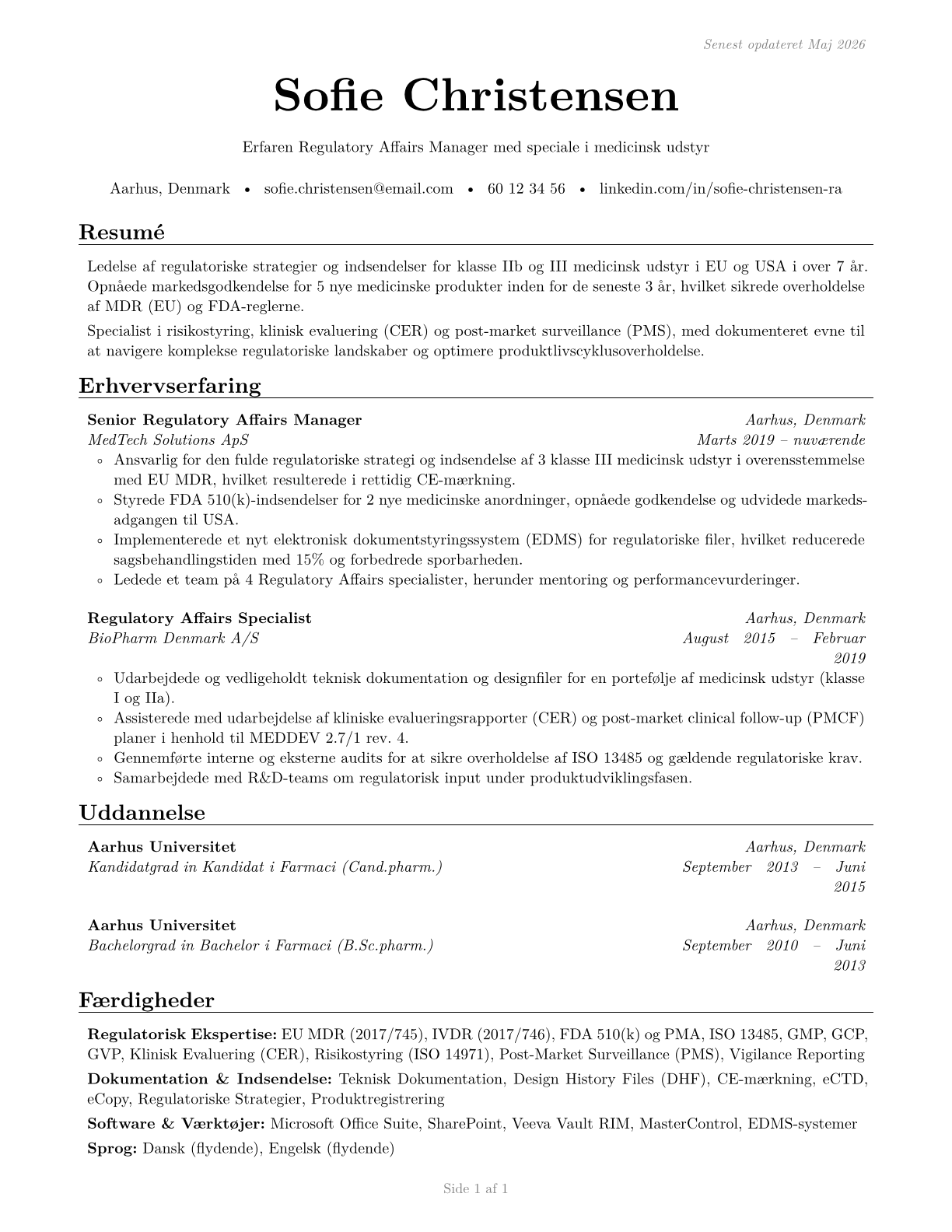 Regulatory Affairs Managers CV in Danish — page 1