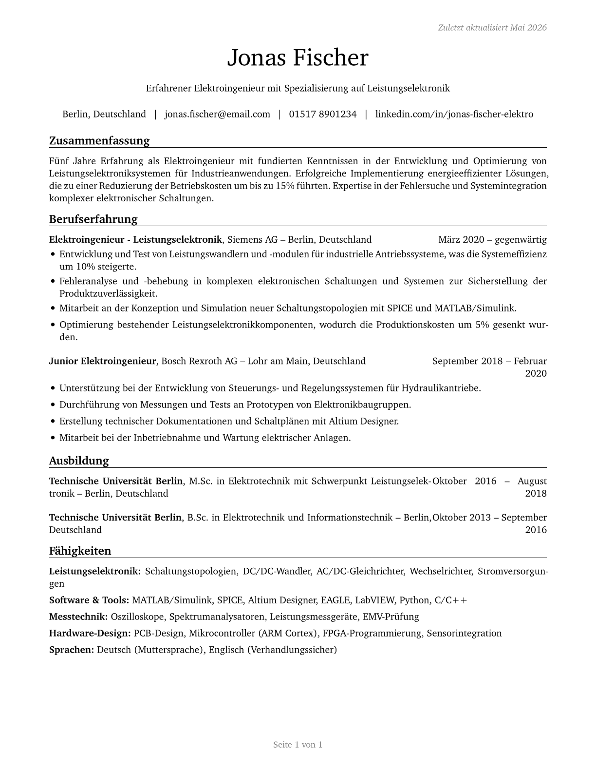 Electrical Engineers CV in German — page 1