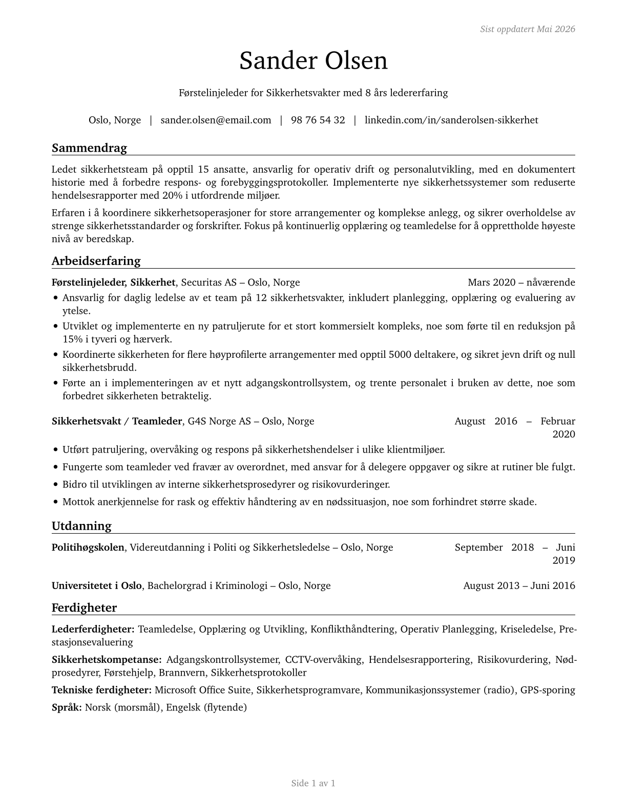 First-Line Supervisors of Security Workers CV in Norwegian_bokmal — page 1