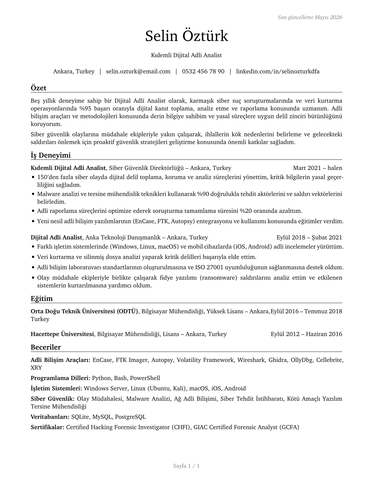 Digital Forensics Analysts CV in Turkish — page 1