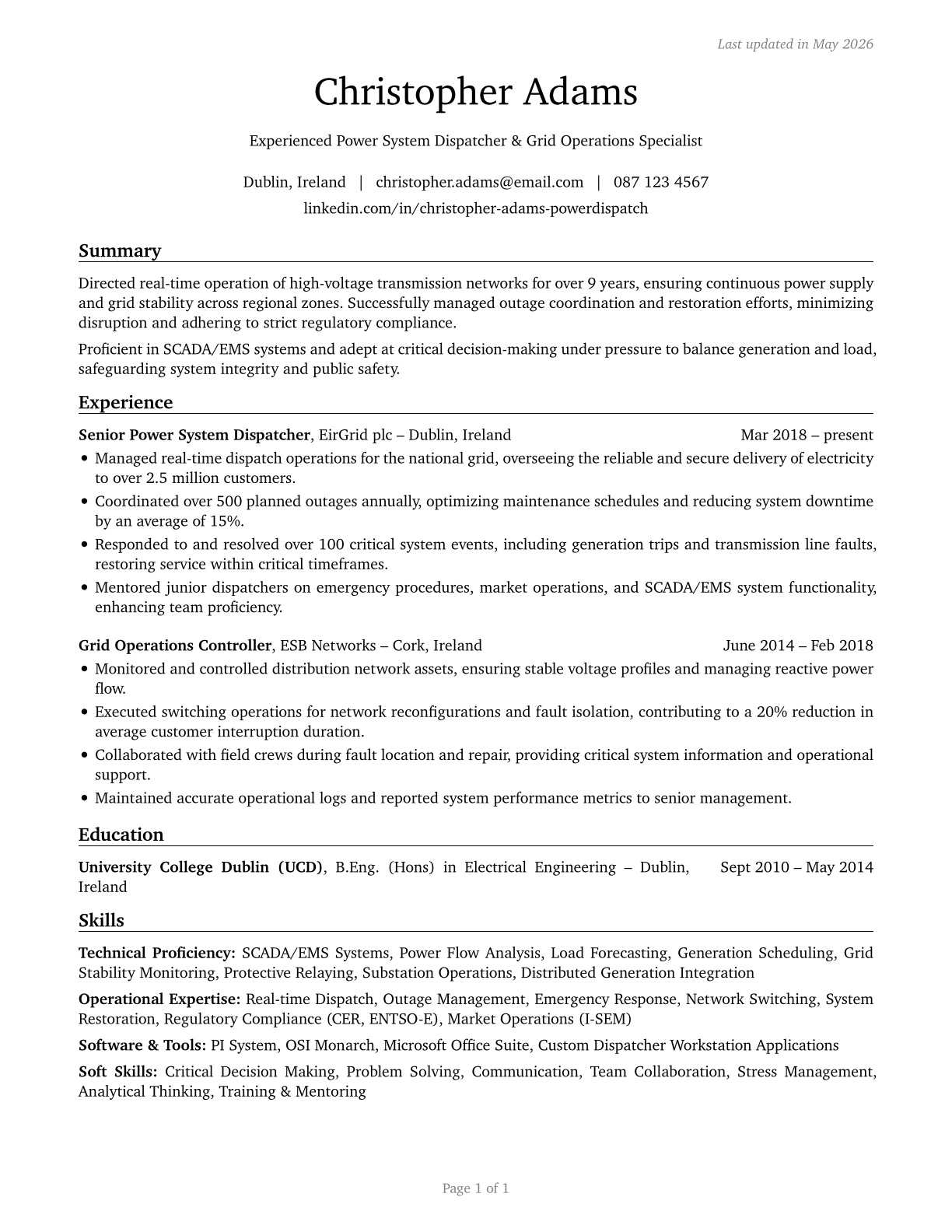 Power Distributors and Dispatchers CV in English — page 1