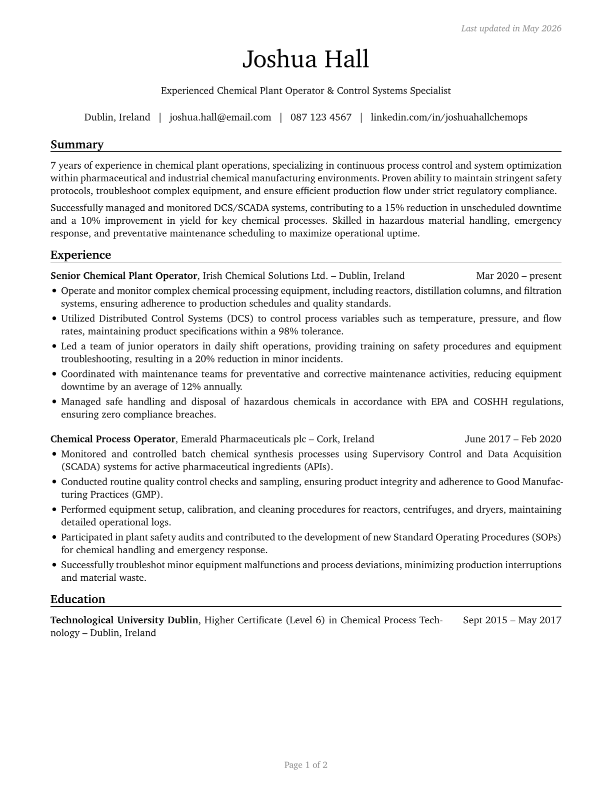 Chemical Plant and System Operators CV in English — page 1