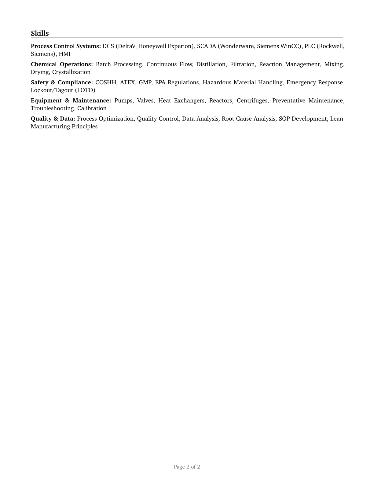 Chemical Plant and System Operators CV in English — page 2