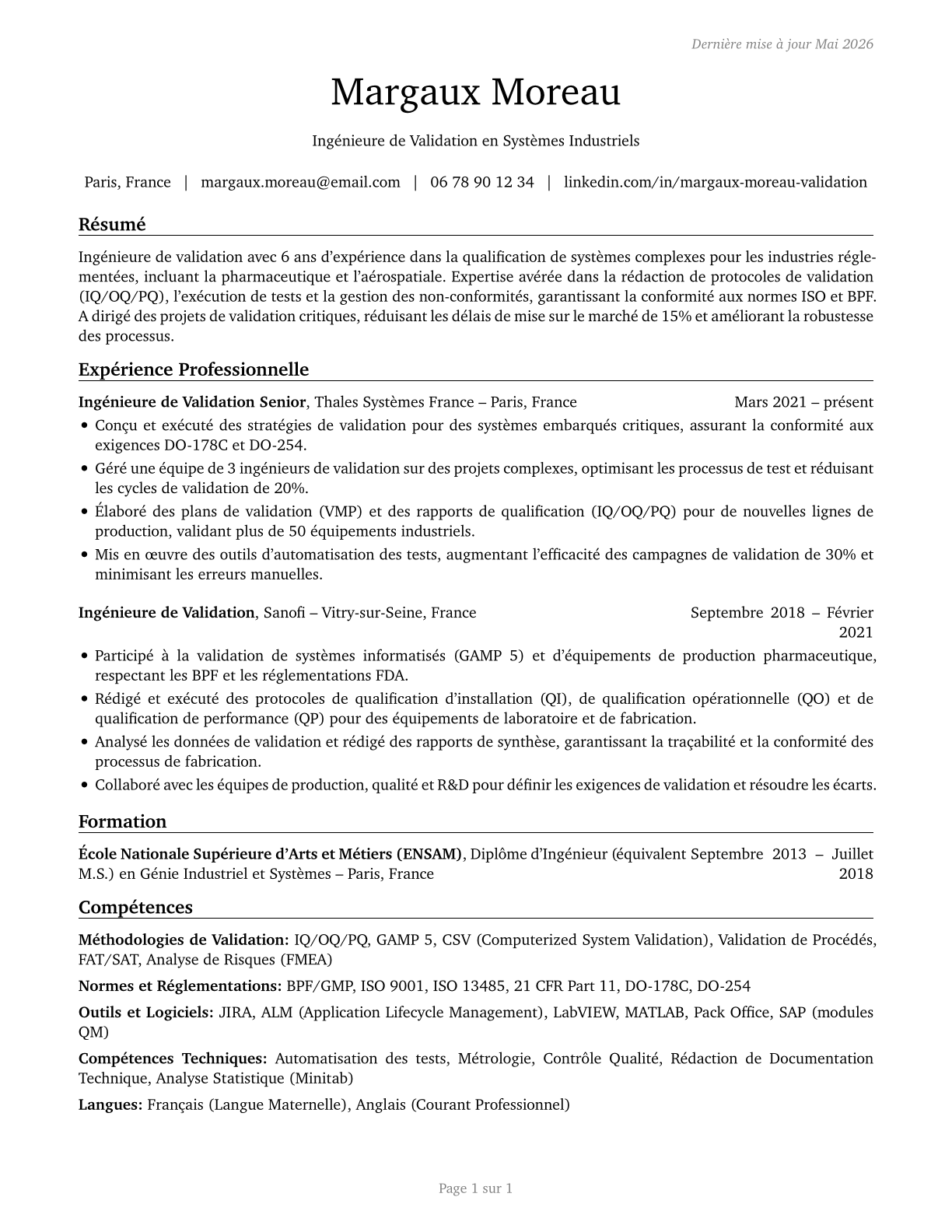 Validation Engineers CV in French — page 1
