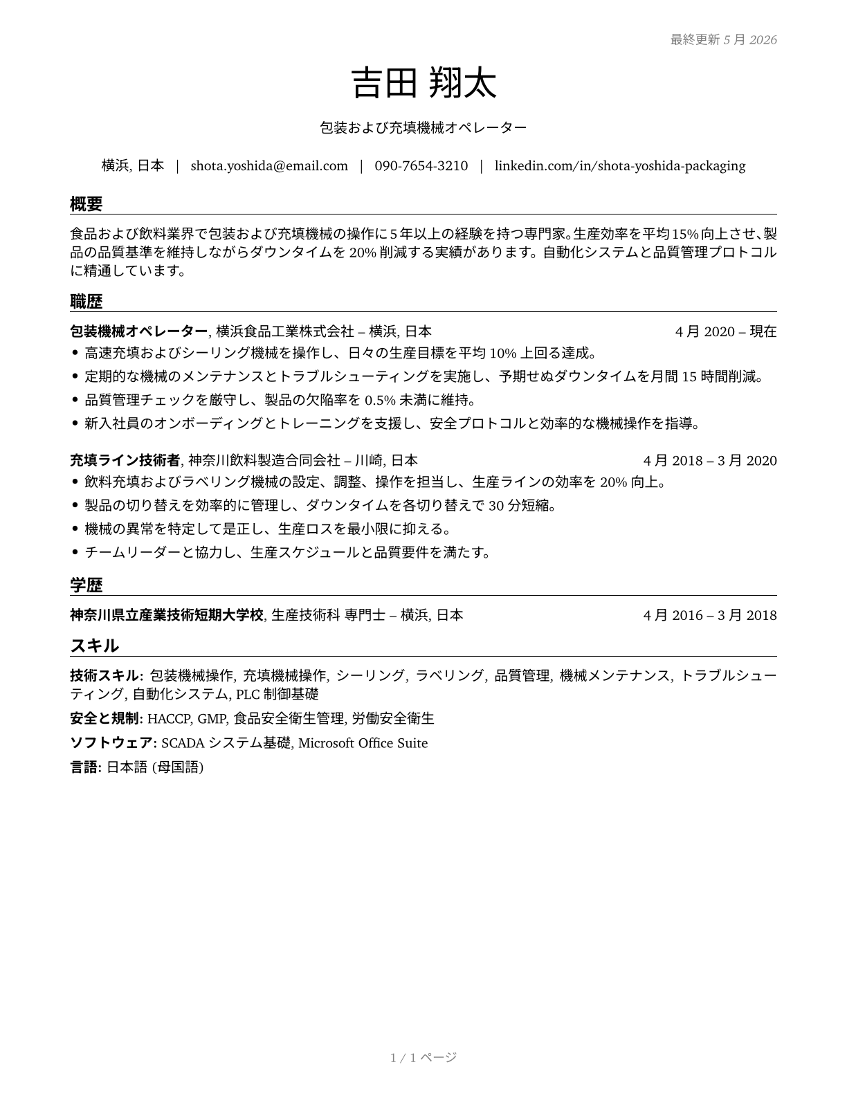 Packaging and Filling Machine Operators and Tenders CV in Japanese — page 1