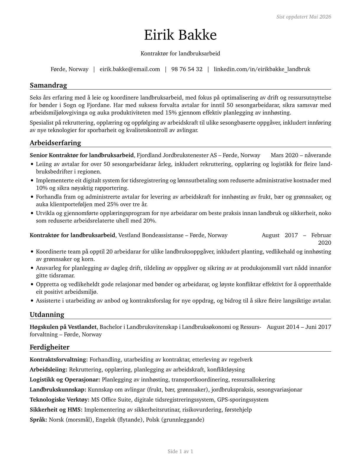 Farm Labor Contractors CV in Norwegian_nynorsk — page 1