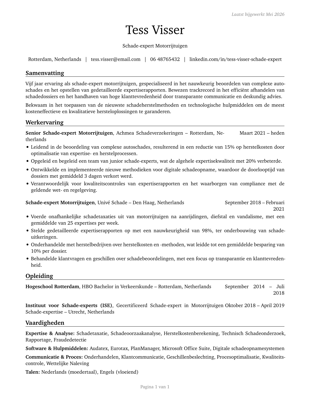 Insurance Appraisers, Auto Damage CV in Dutch — page 1