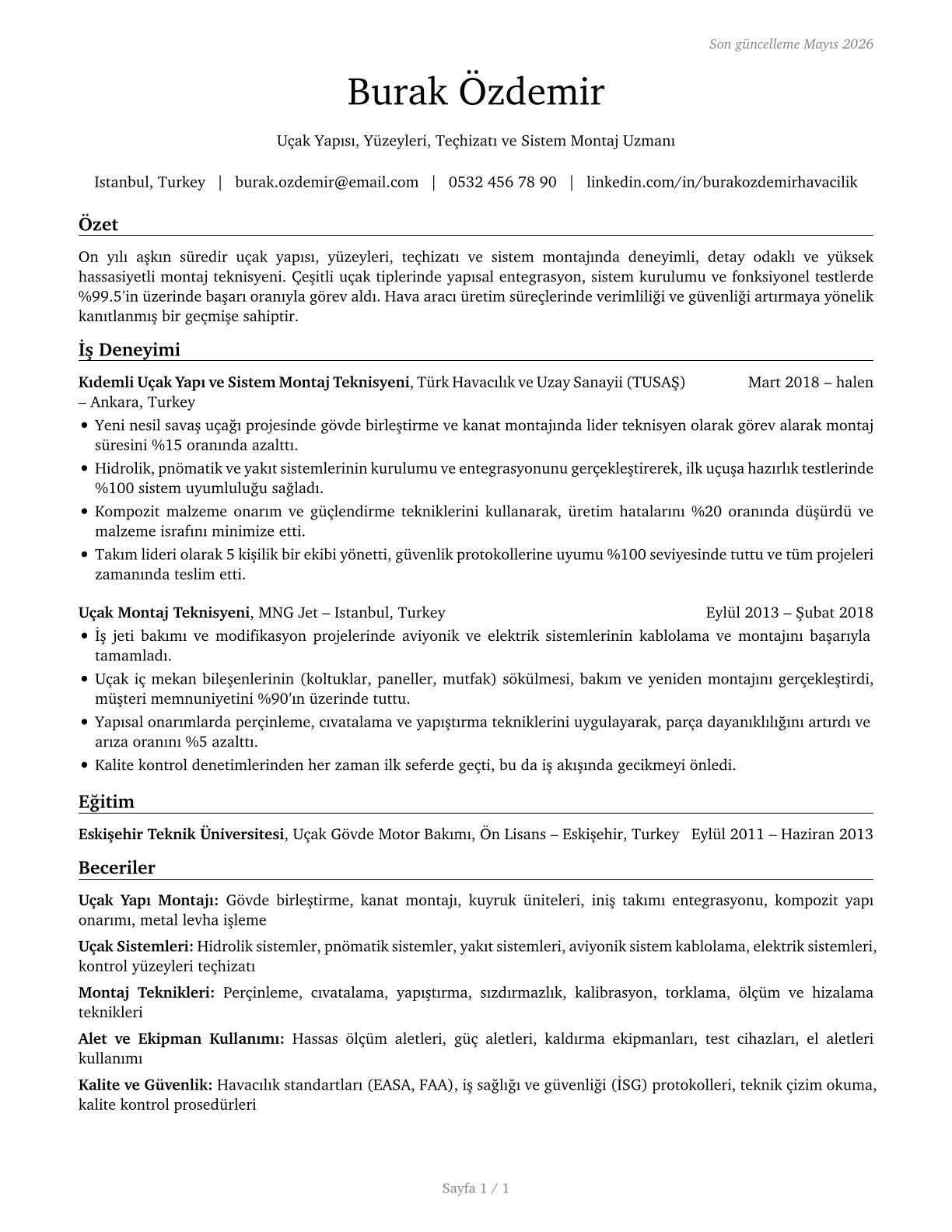 Aircraft Structure, Surfaces, Rigging, and Systems Assemblers CV in Turkish — page 1