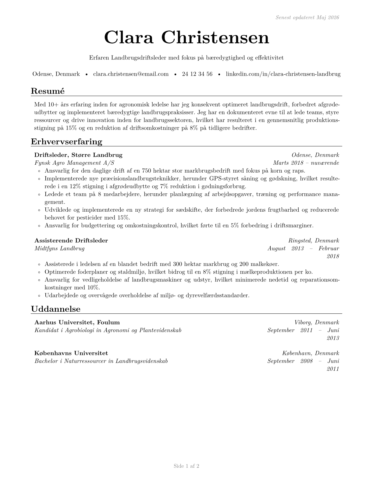 Farmers, Ranchers, and Other Agricultural Managers CV in Danish — page 1