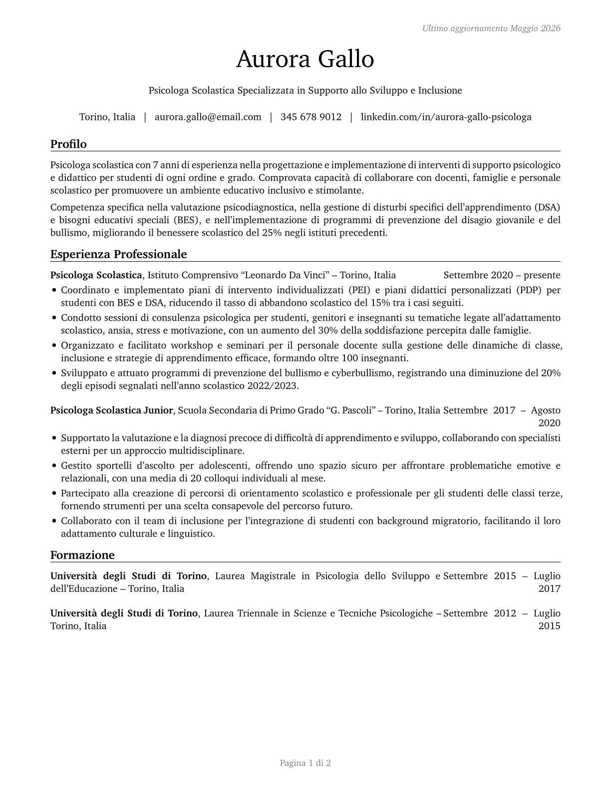 School Psychologists CV in Italian — page 1