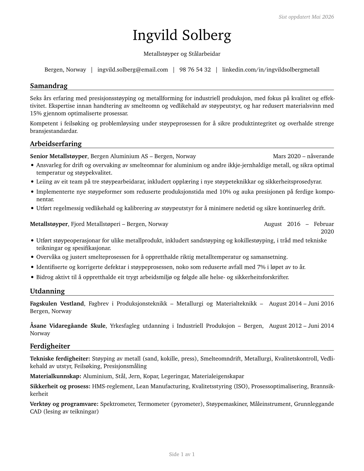 Pourers and Casters, Metal CV in Norwegian_nynorsk — page 1