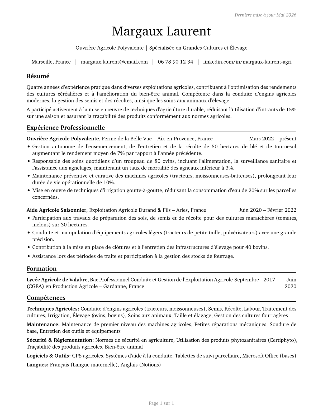 Agricultural Workers, All Other CV in French — page 1