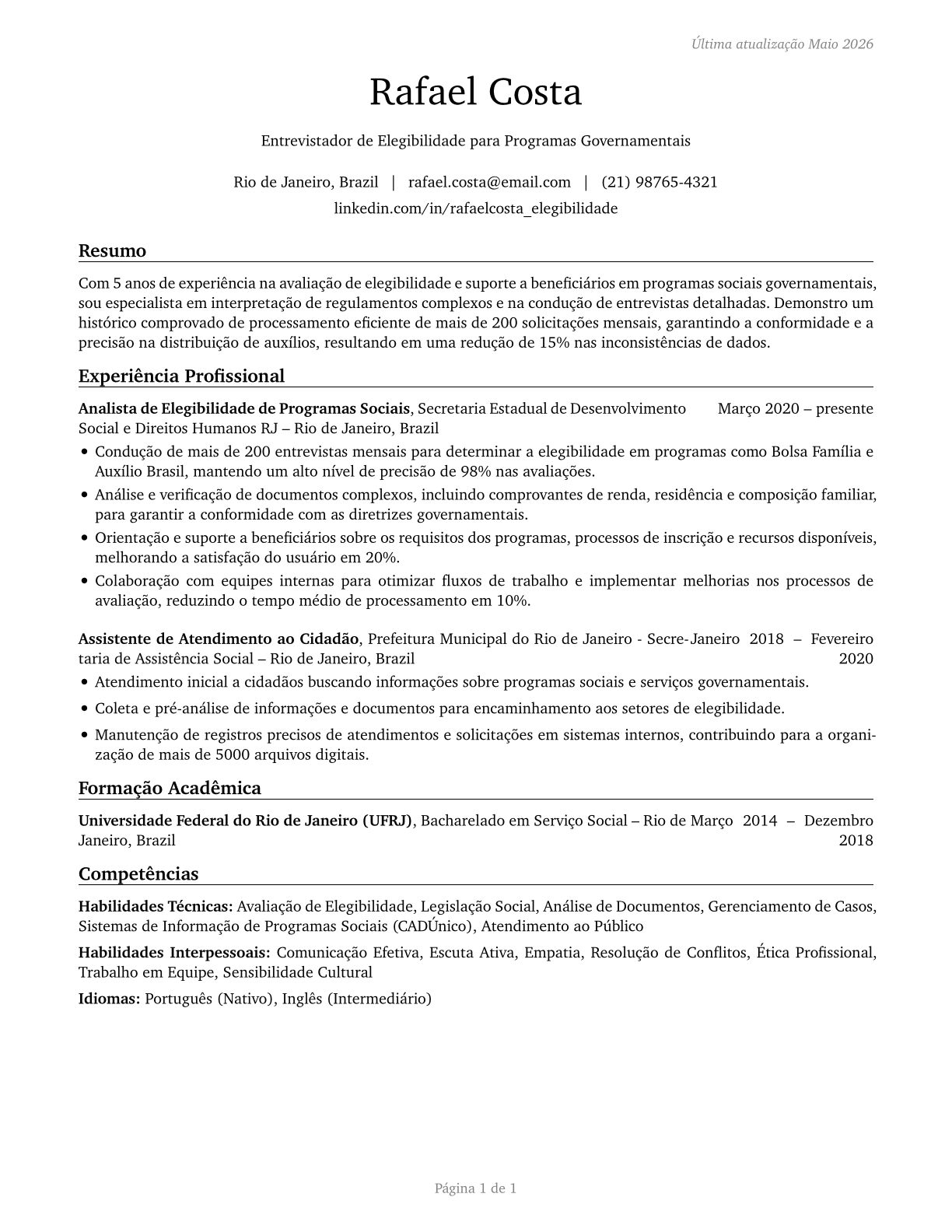 Eligibility Interviewers, Government Programs CV in Portuguese — page 1