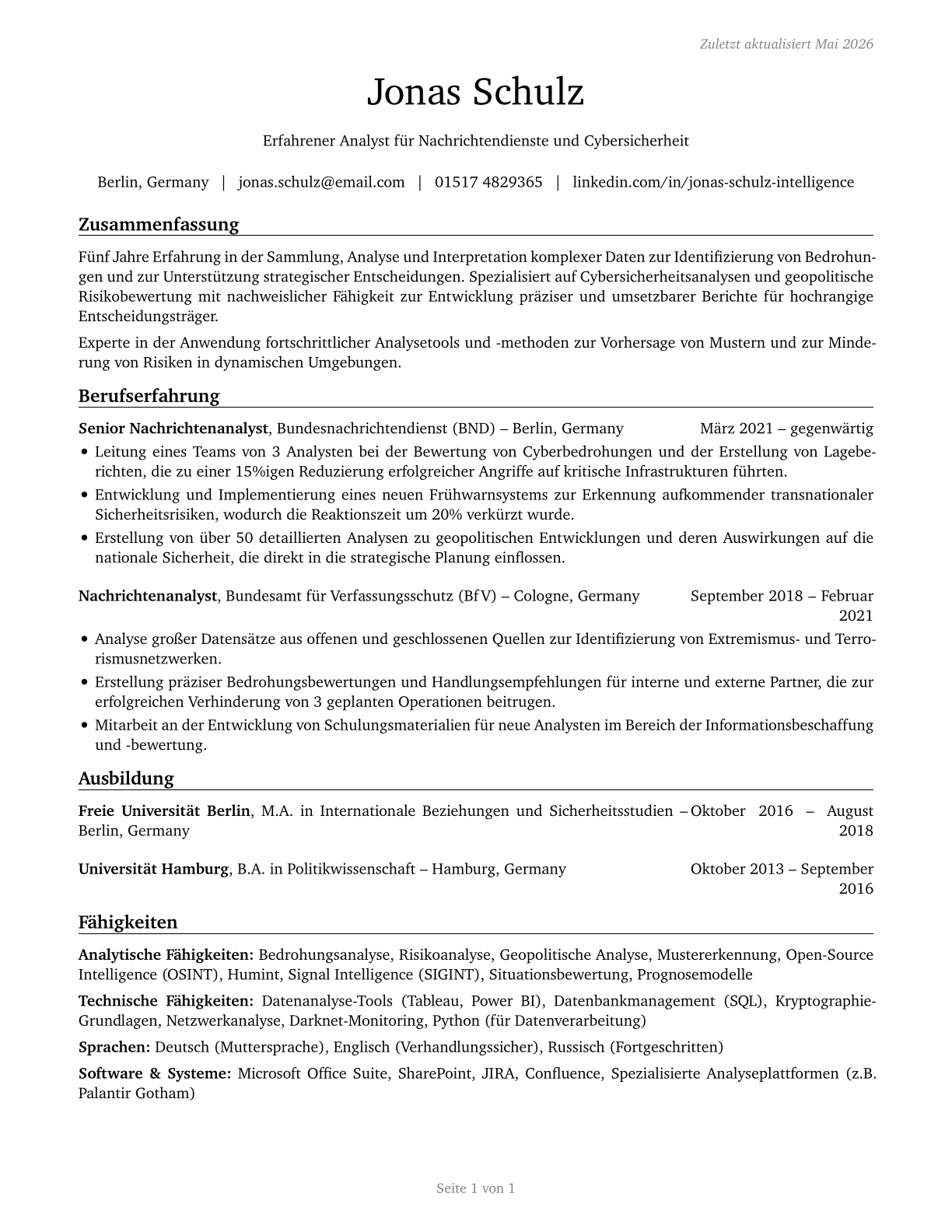 Intelligence Analysts CV in German — page 1