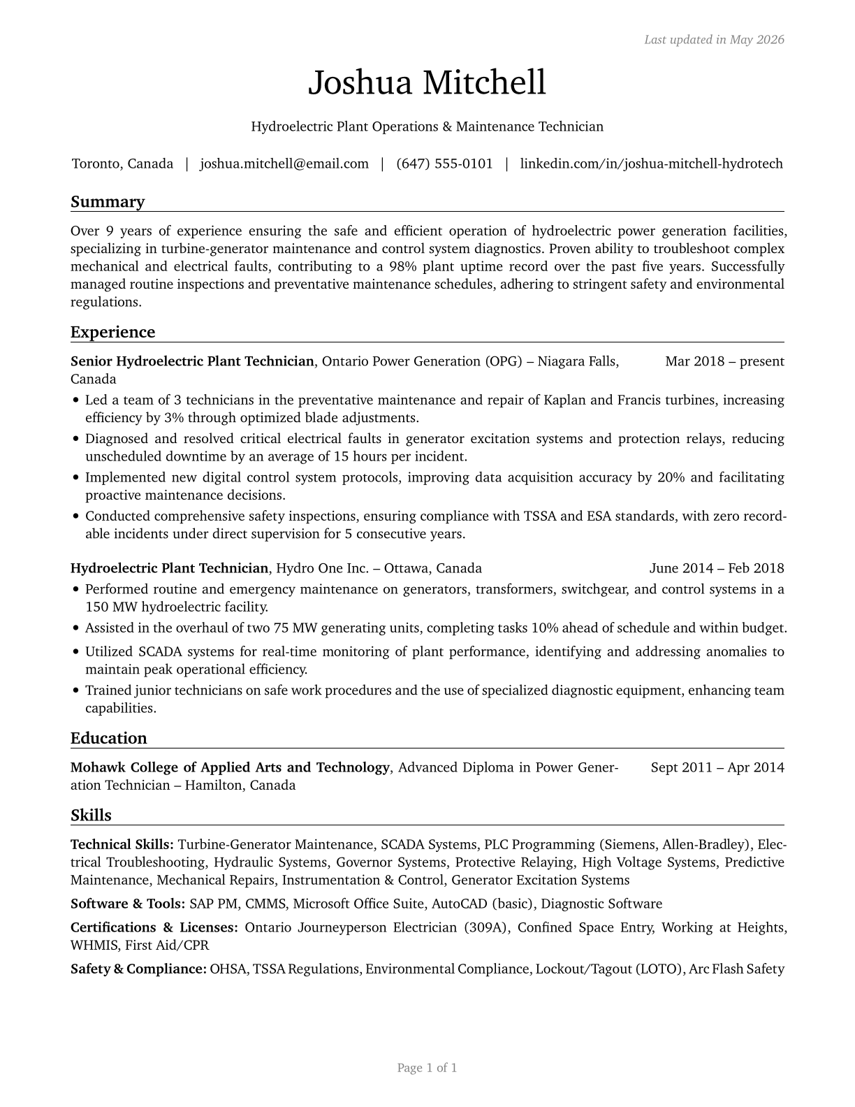 Hydroelectric Plant Technicians CV in English — page 1