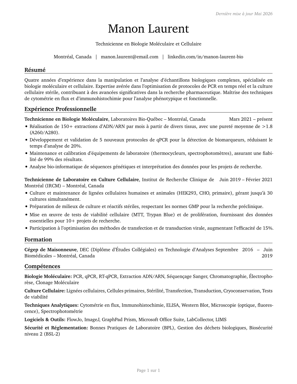 Biological Technicians CV in French — page 1