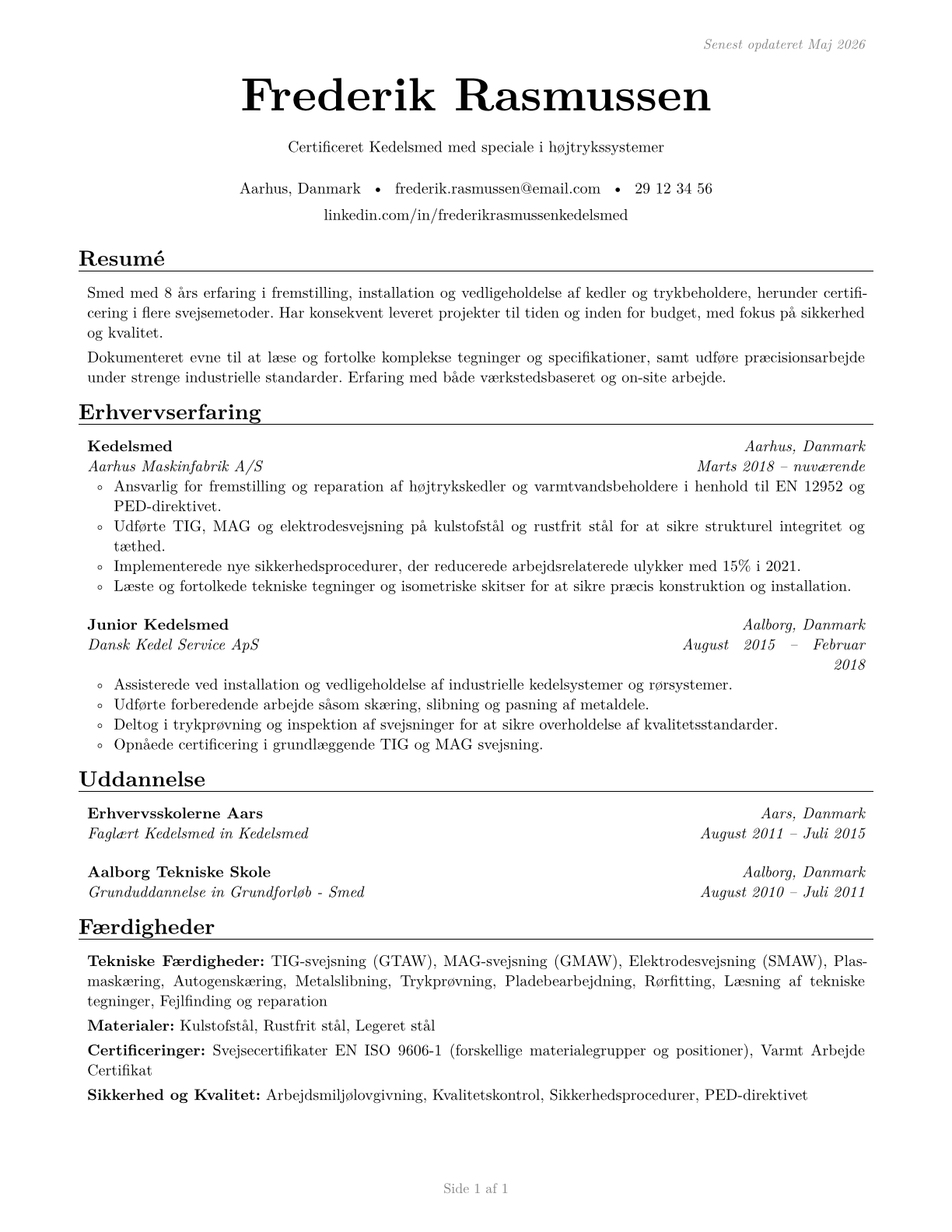 Boilermakers CV in Danish — page 1