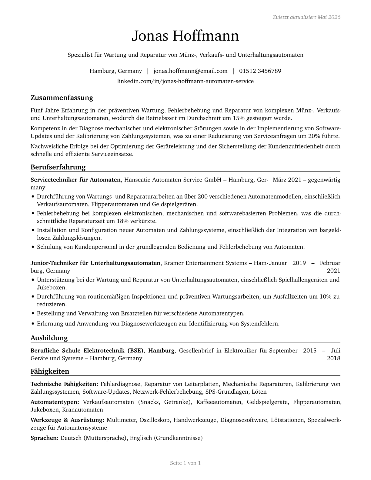 Coin, Vending, and Amusement Machine Servicers and Repairers CV in German — page 1
