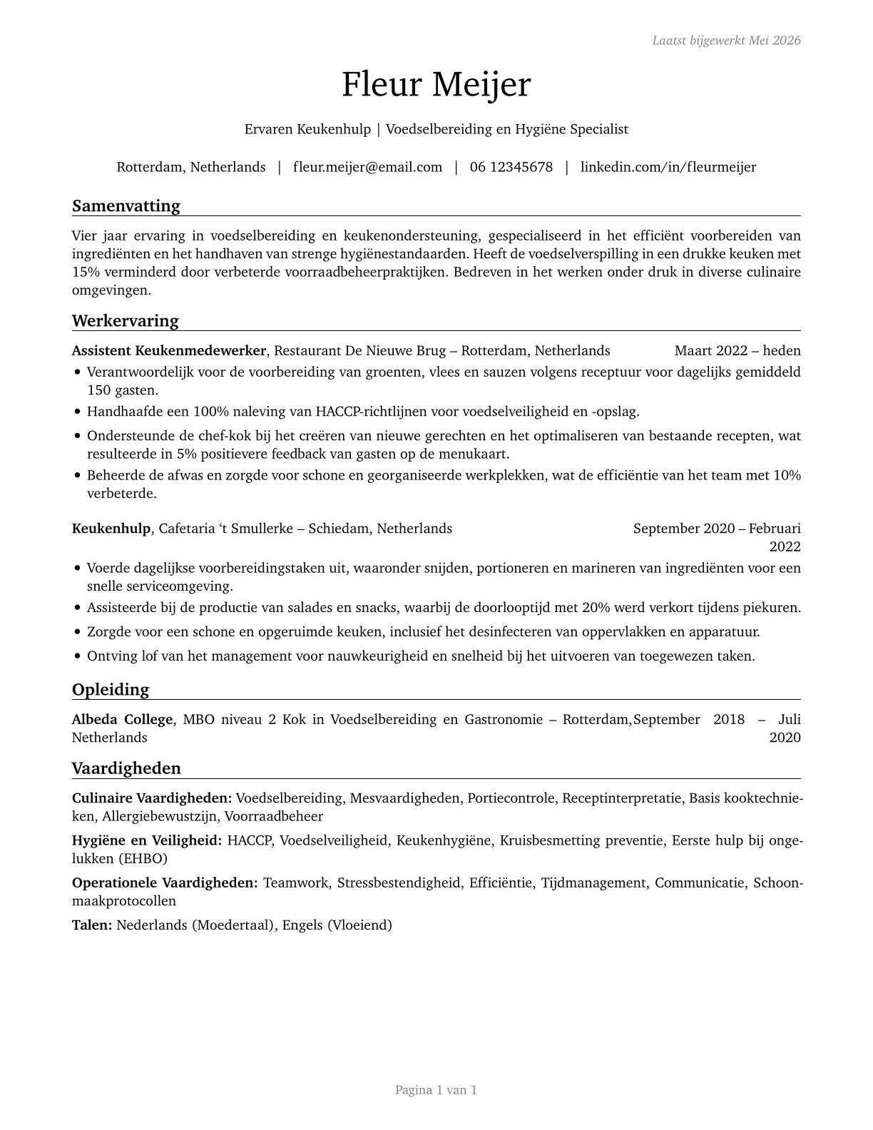 Food Preparation Workers CV in Dutch — page 1