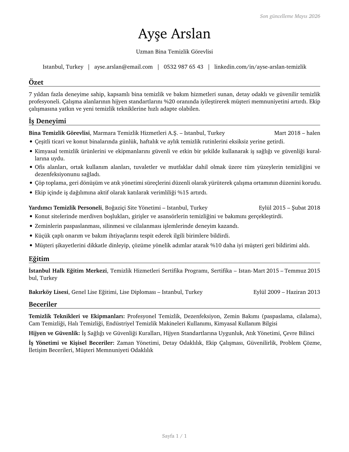 Building Cleaning Workers, All Other CV in Turkish — page 1