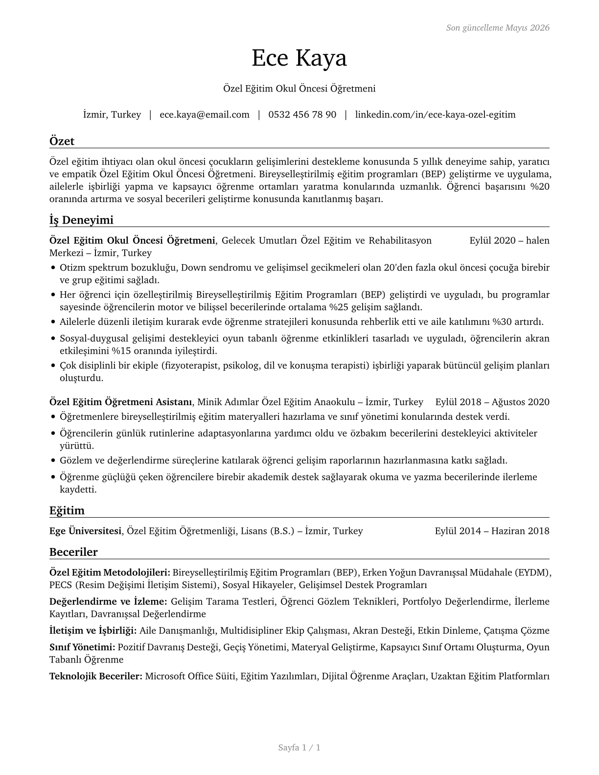 Special Education Teachers, Preschool CV in Turkish — page 1