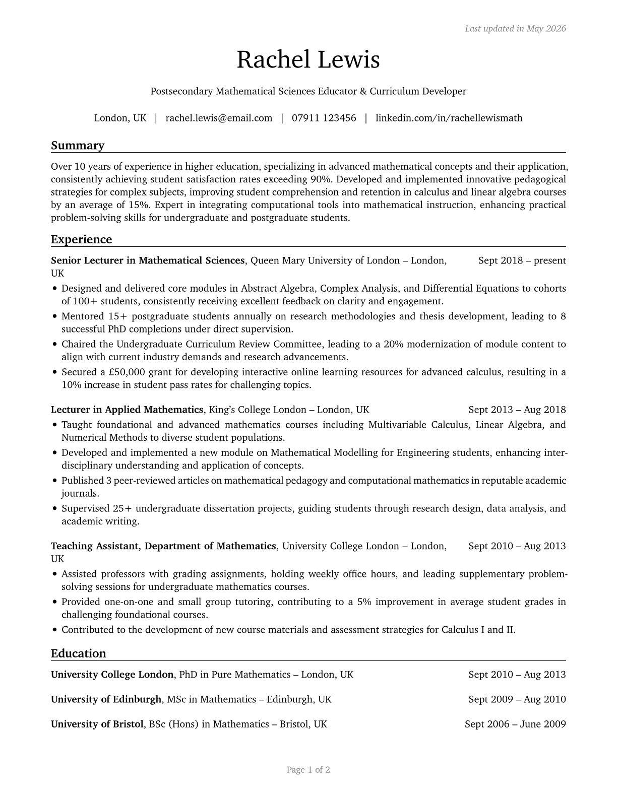 Mathematical Science Teachers, Postsecondary CV in English — page 1