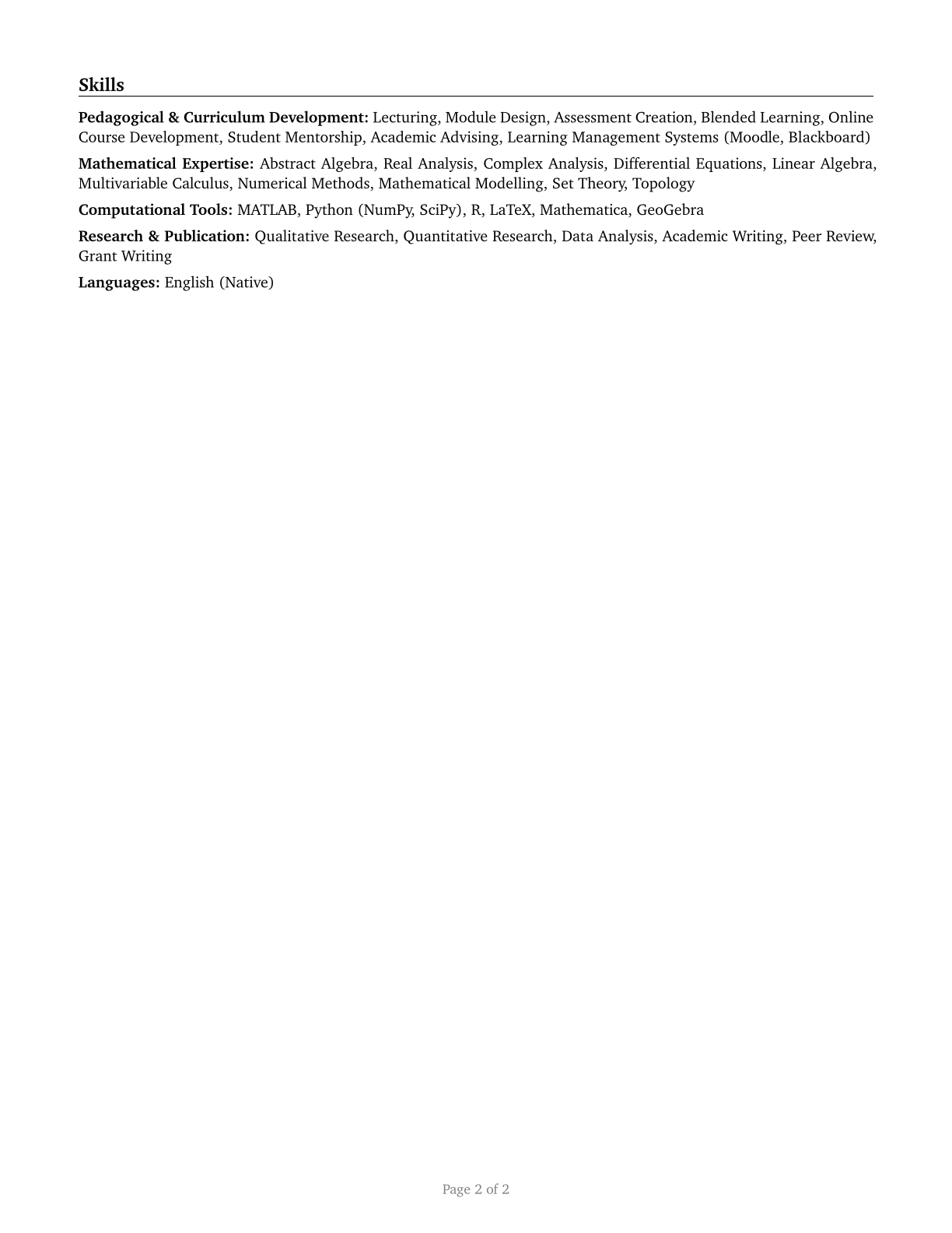 Mathematical Science Teachers, Postsecondary CV in English — page 2