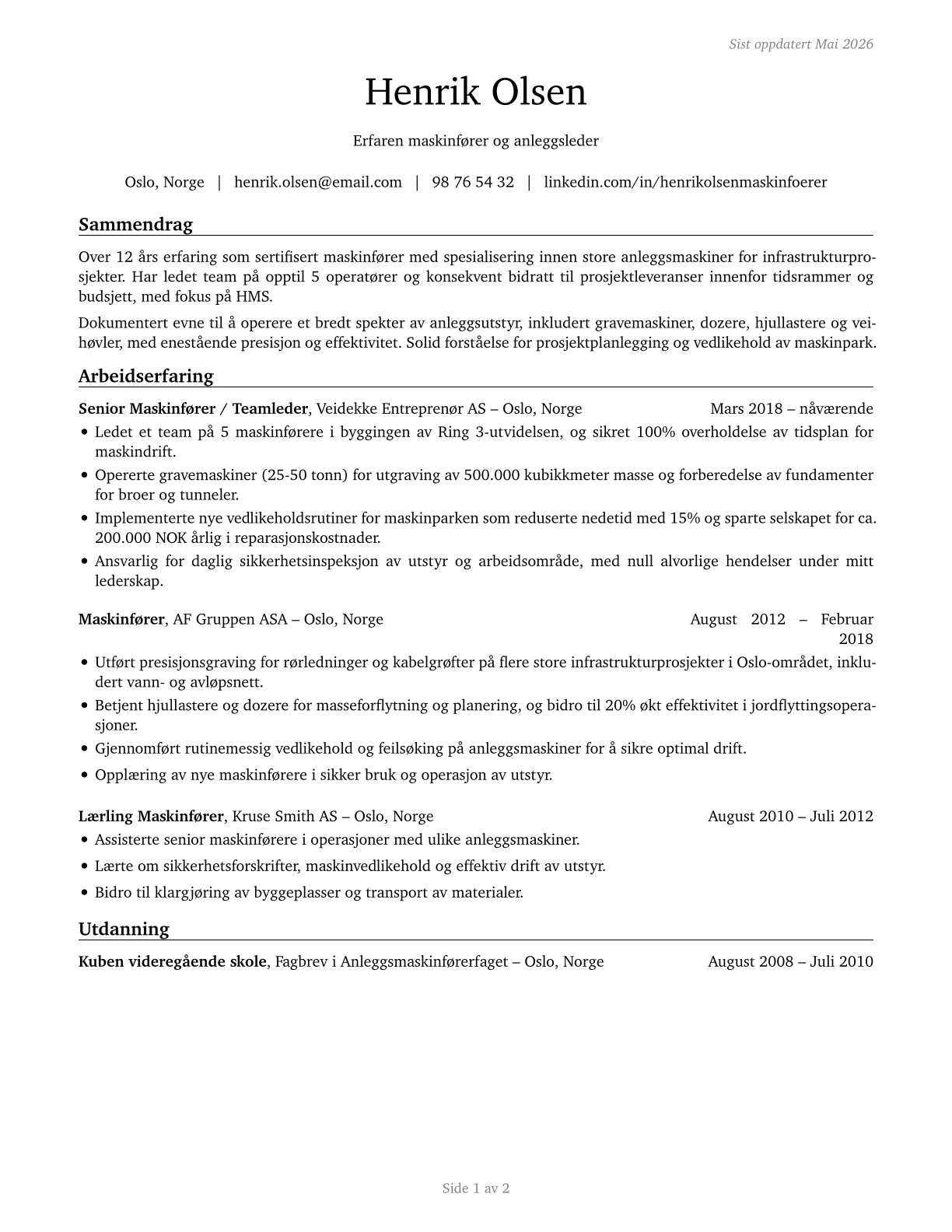 Operating Engineers and Other Construction Equipment Operators CV in Norwegian_bokmal — page 1