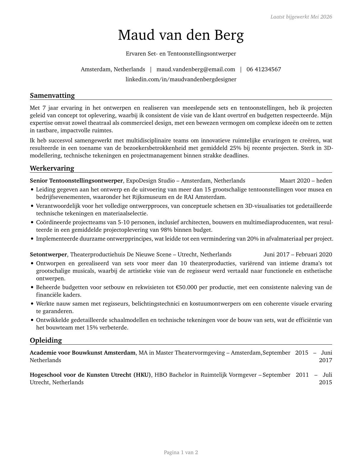 Set and Exhibit Designers CV in Dutch — page 1