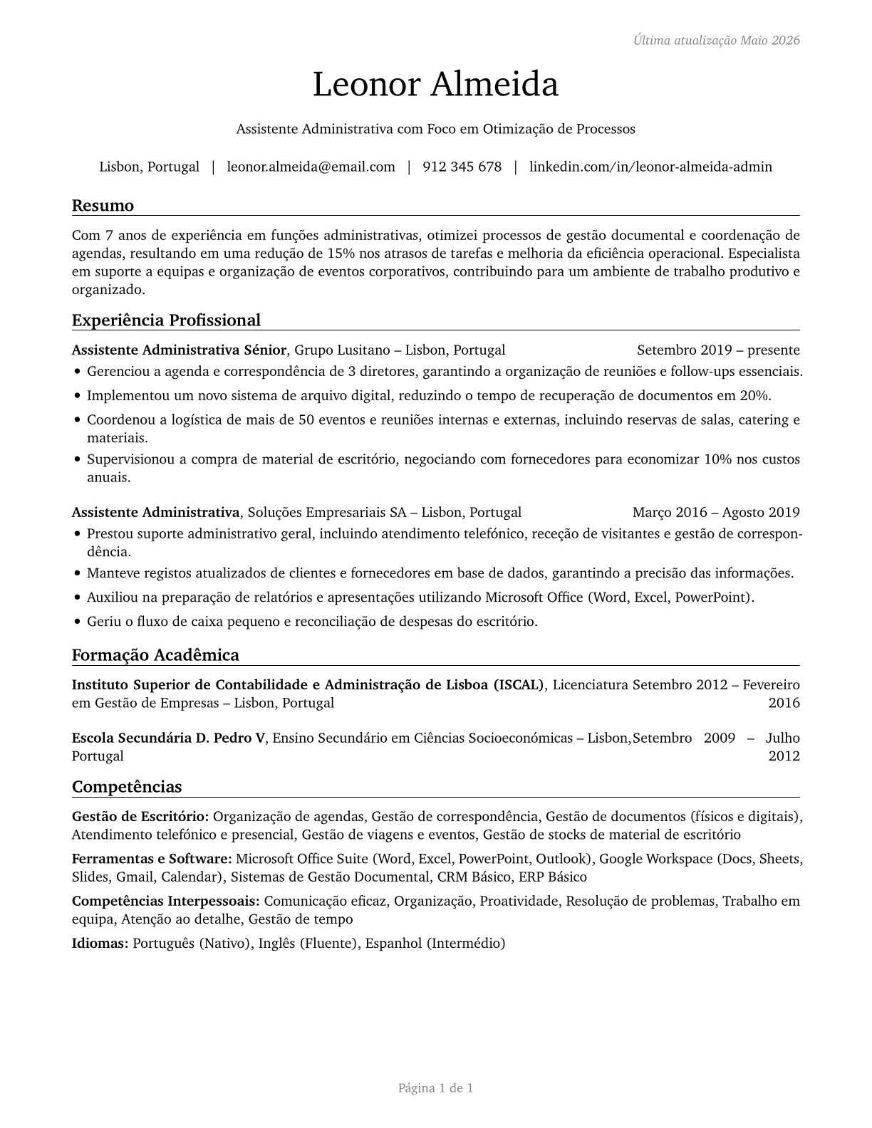 Secretaries and Administrative Assistants, Except Legal, Medical, and Executive CV in Portuguese — page 1