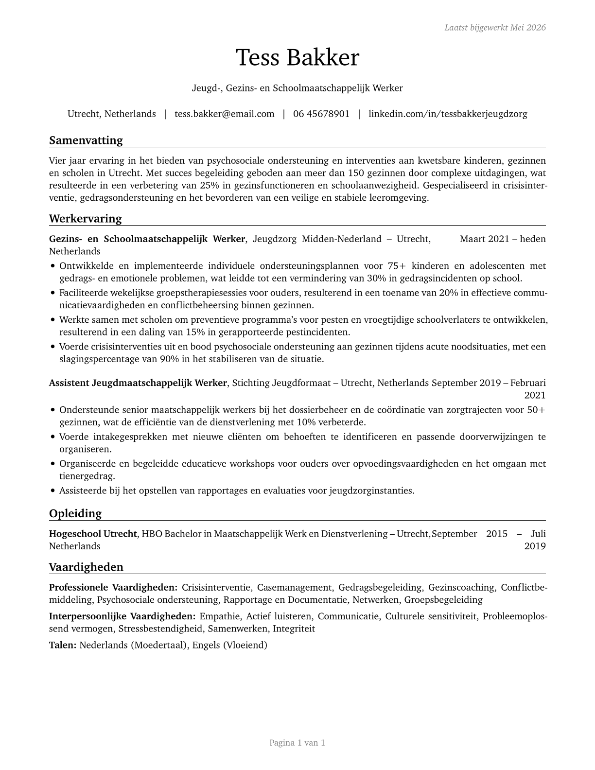 Child, Family, and School Social Workers CV in Dutch — page 1