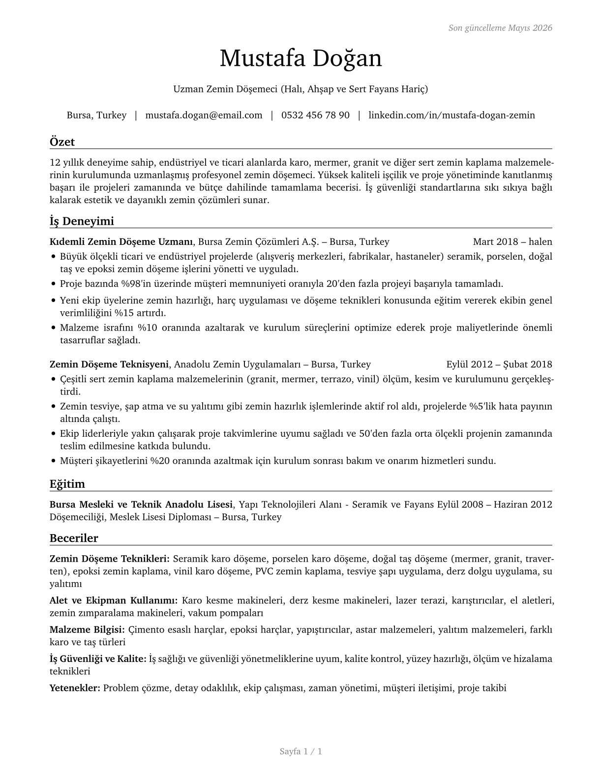 Floor Layers, Except Carpet, Wood, and Hard Tiles CV in Turkish — page 1