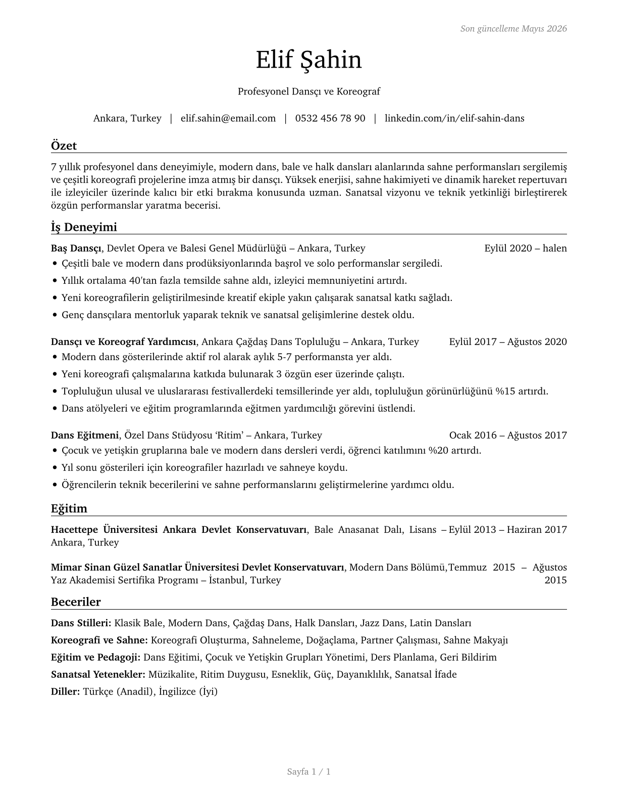 Dancers CV in Turkish — page 1